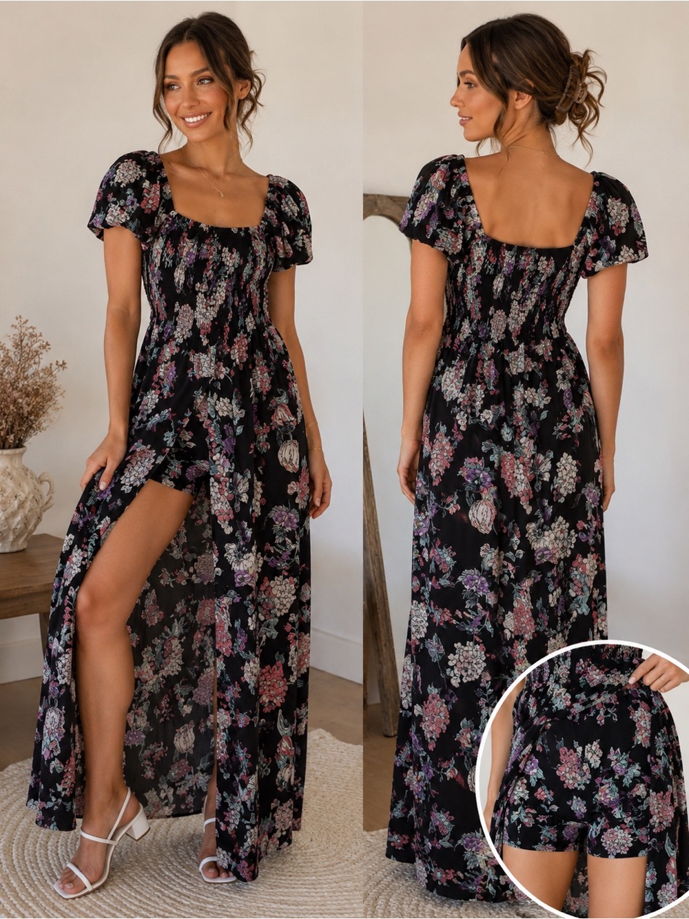 Amisu Floral Maxi Romper Dress Cottagecore Boho Puff Sleeve
